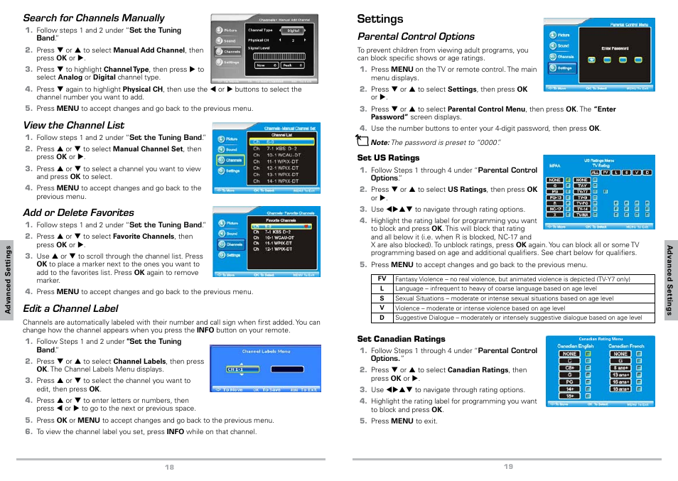 Advanced audio settings, Channel settings, Set the tuning band | Search for channels automatically, Search for channels manually, View the channel list, Add or delete favorites, Edit a channel label, Settings | Radio Shack 16-911 User Manual | Page 10 / 14