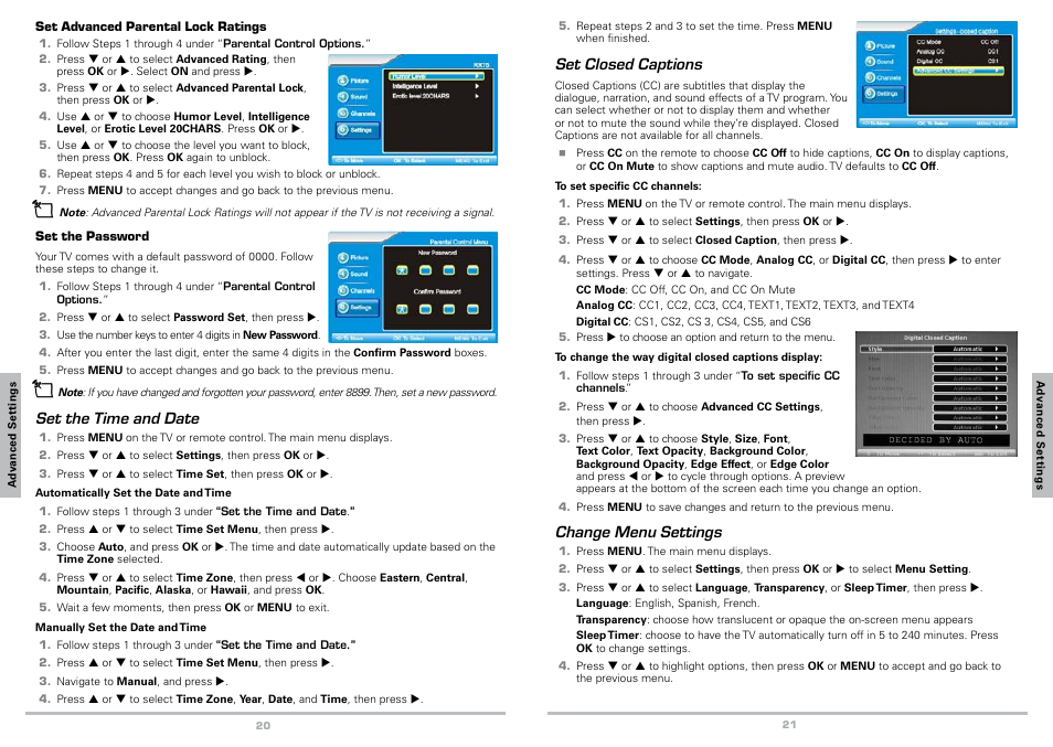 General settings, Parental control options, Set the time and date | Radio Shack 16-911 User Manual | Page 11 / 14