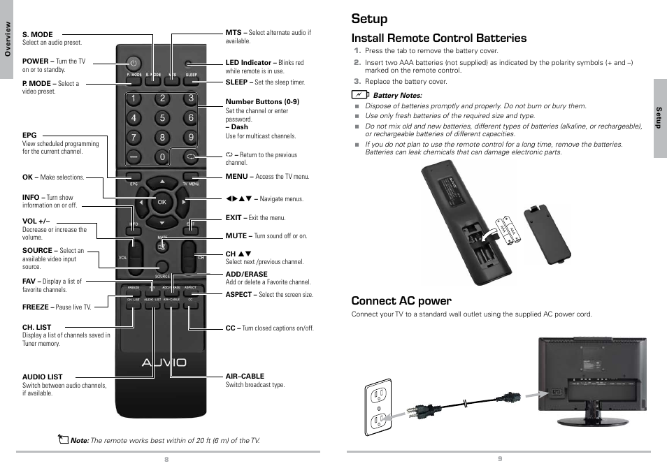 Setup, Install remote control batteries, Connect ac power | Radio Shack 16-911 User Manual | Page 5 / 14