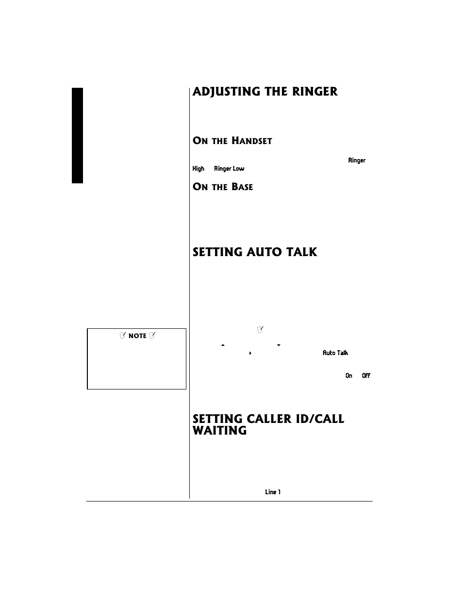 Adjusting the ringer, On the handset on the base, Setting auto talk setting caller id/call waiting | Radio Shack 43-683 User Manual | Page 10 / 28