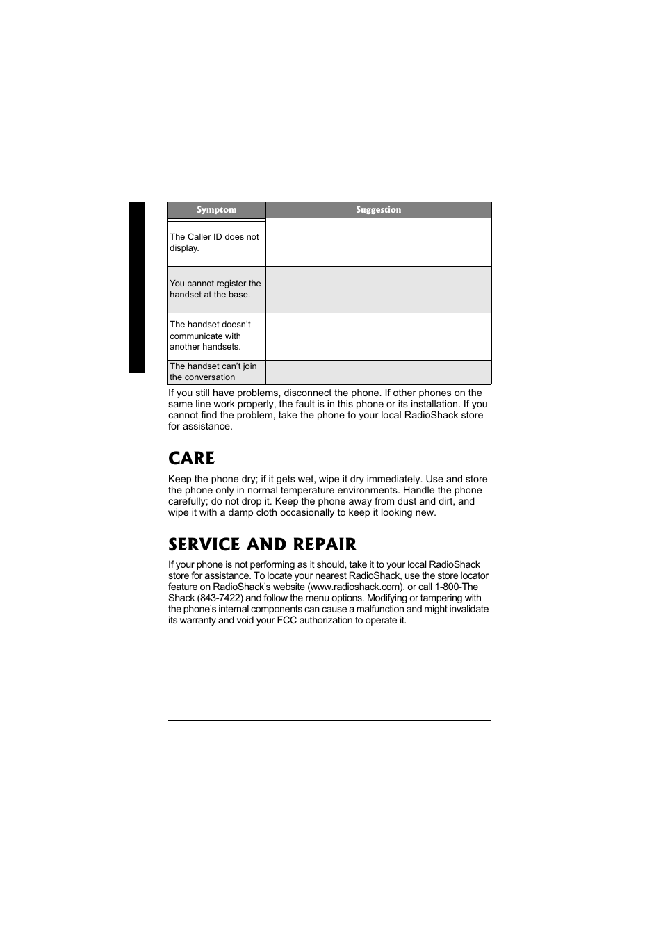 Care, Service and repair | Radio Shack 43-3570 User Manual | Page 48 / 49