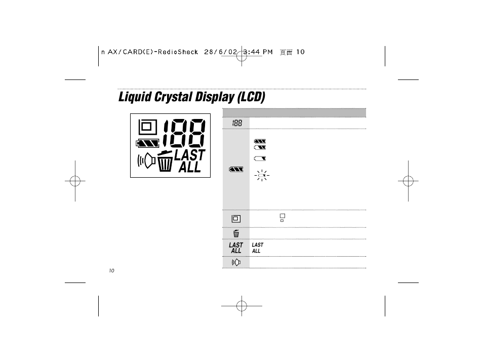 Liquid crystal display (lcd) | Radio Shack B-020405 User Manual | Page 10 / 52