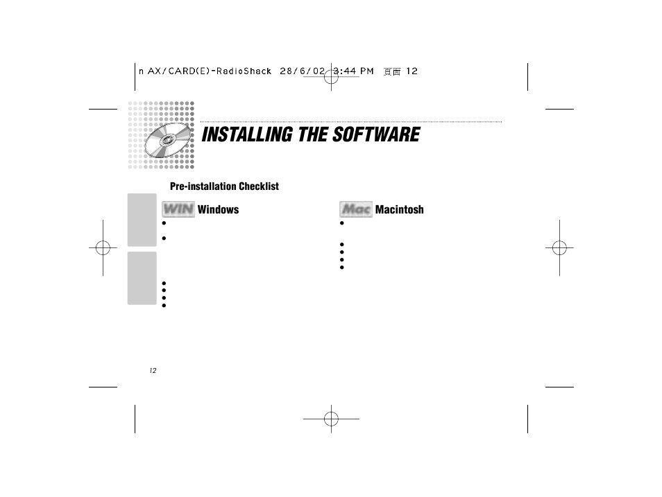 Installing the software, Windows macintosh, Pre-installation checklist | Radio Shack B-020405 User Manual | Page 12 / 52