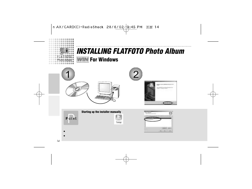 Installing flatfoto photo album, For windows | Radio Shack B-020405 User Manual | Page 14 / 52