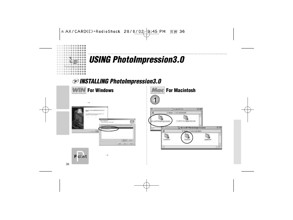 Using photoimpression3.0, Installing photoimpression3.0, For windows | For macintosh | Radio Shack B-020405 User Manual | Page 36 / 52