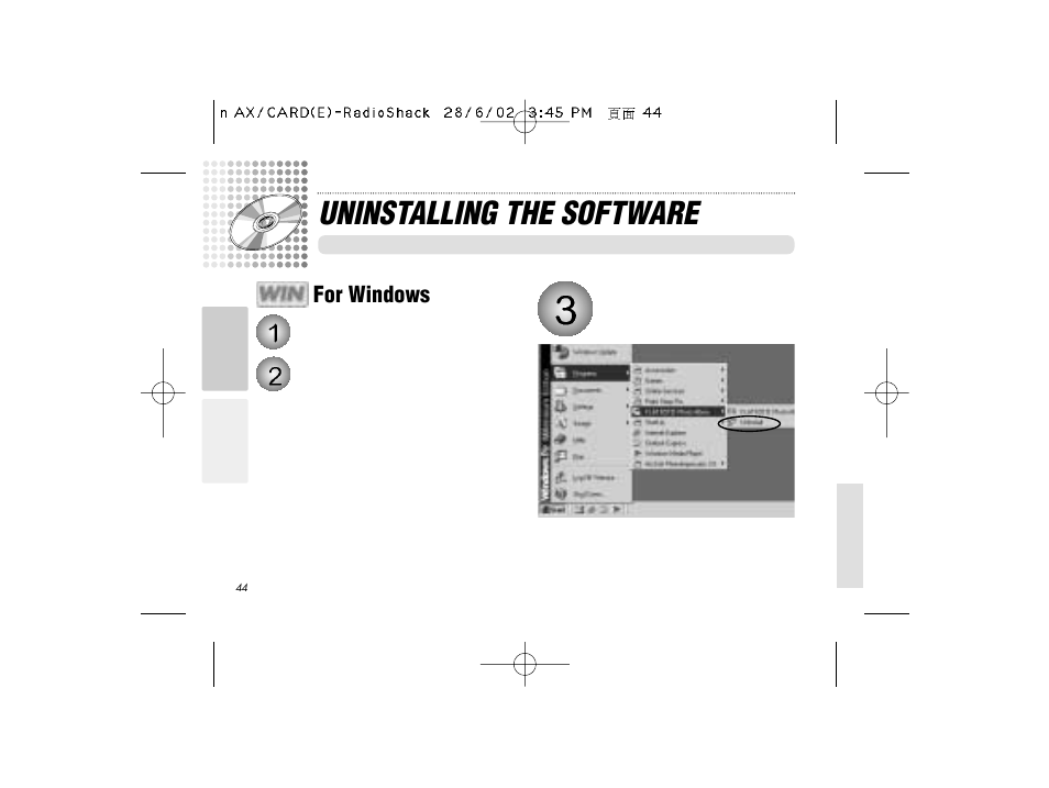 Uninstalling the software, For windows | Radio Shack B-020405 User Manual | Page 44 / 52