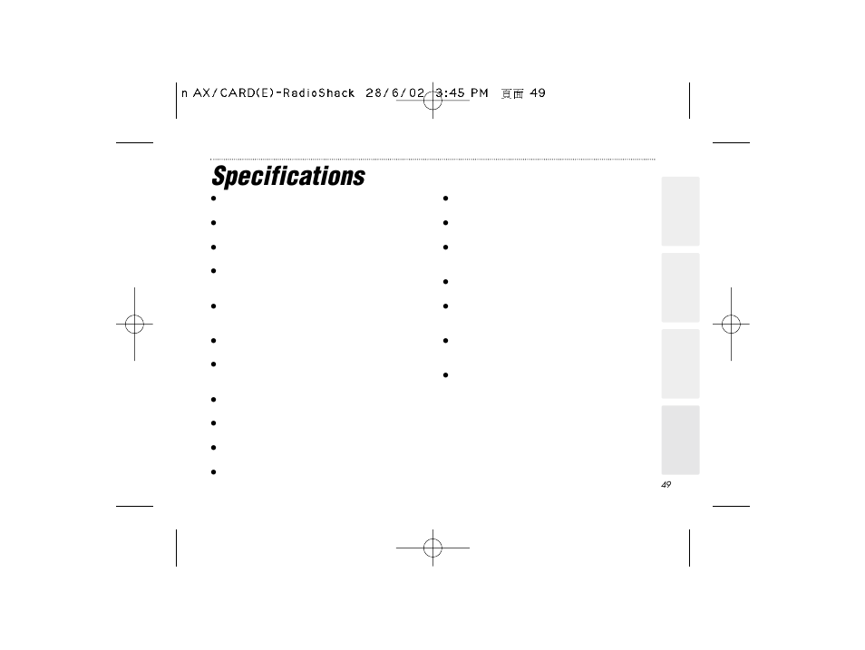 Specifications | Radio Shack B-020405 User Manual | Page 49 / 52