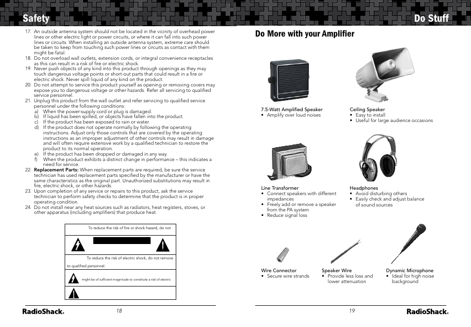 Safety do stuff, Do more with your ampliﬁer | Radio Shack 32-2054 User Manual | Page 10 / 11