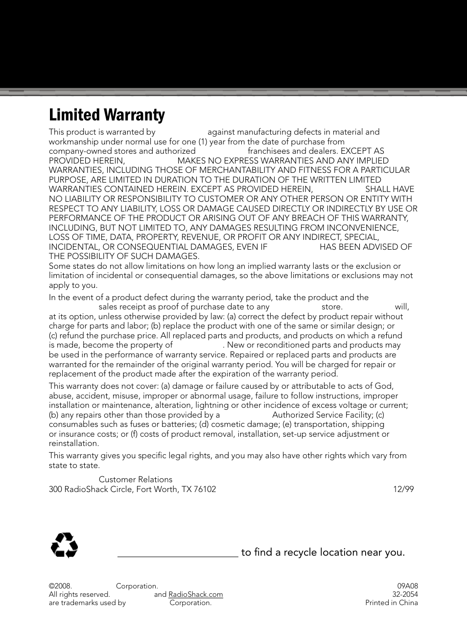 Limited warranty | Radio Shack 32-2054 User Manual | Page 11 / 11