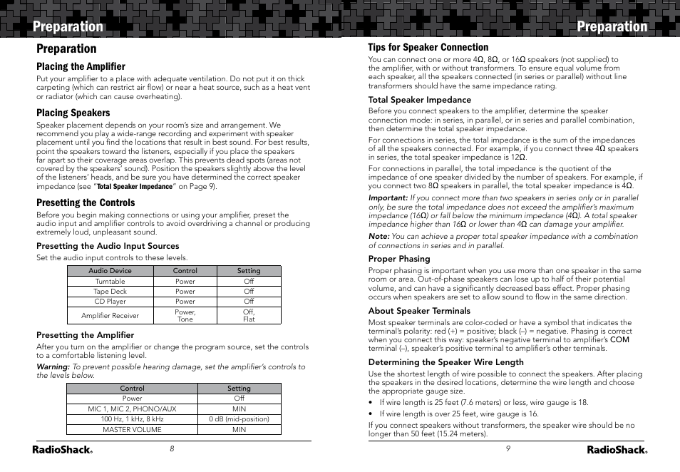 Preparation, Placing the ampliﬁer, Placing speakers | Presetting the controls, Tips for speaker connection | Radio Shack 32-2054 User Manual | Page 5 / 11