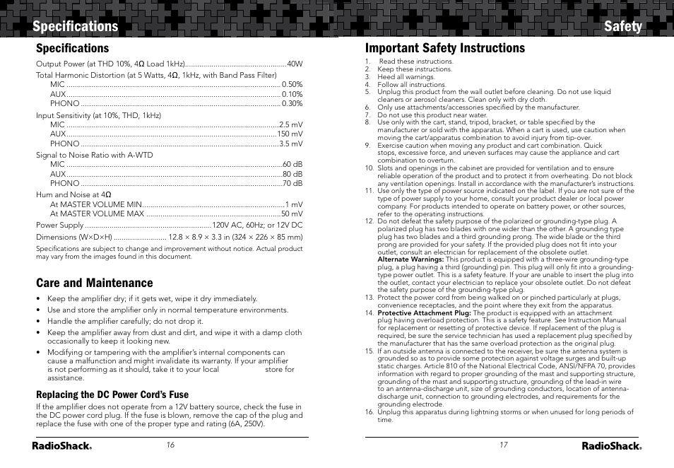 Speciﬁcations safety, Important safety instructions, Speciﬁcations | Care and maintenance, Replacing the dc power cord’s fuse | Radio Shack 32-2054 User Manual | Page 9 / 11