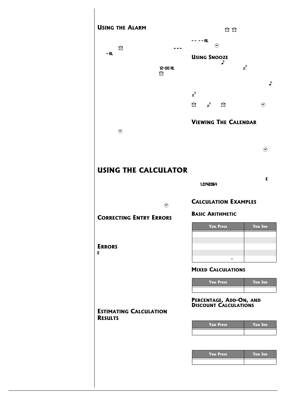 Using the alarm, Using snooze, Viewing the calendar | Using the calculator | Radio Shack 65-792 User Manual | Page 2 / 4