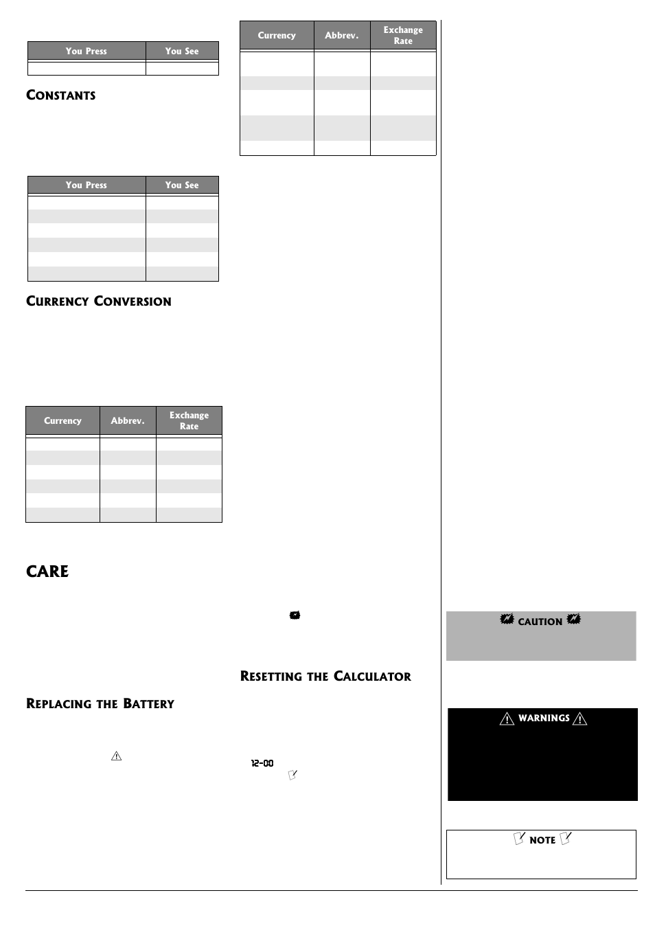 Constants currency conversion, Care, Replacing the battery resetting the calculator | Radio Shack 65-792 User Manual | Page 3 / 4
