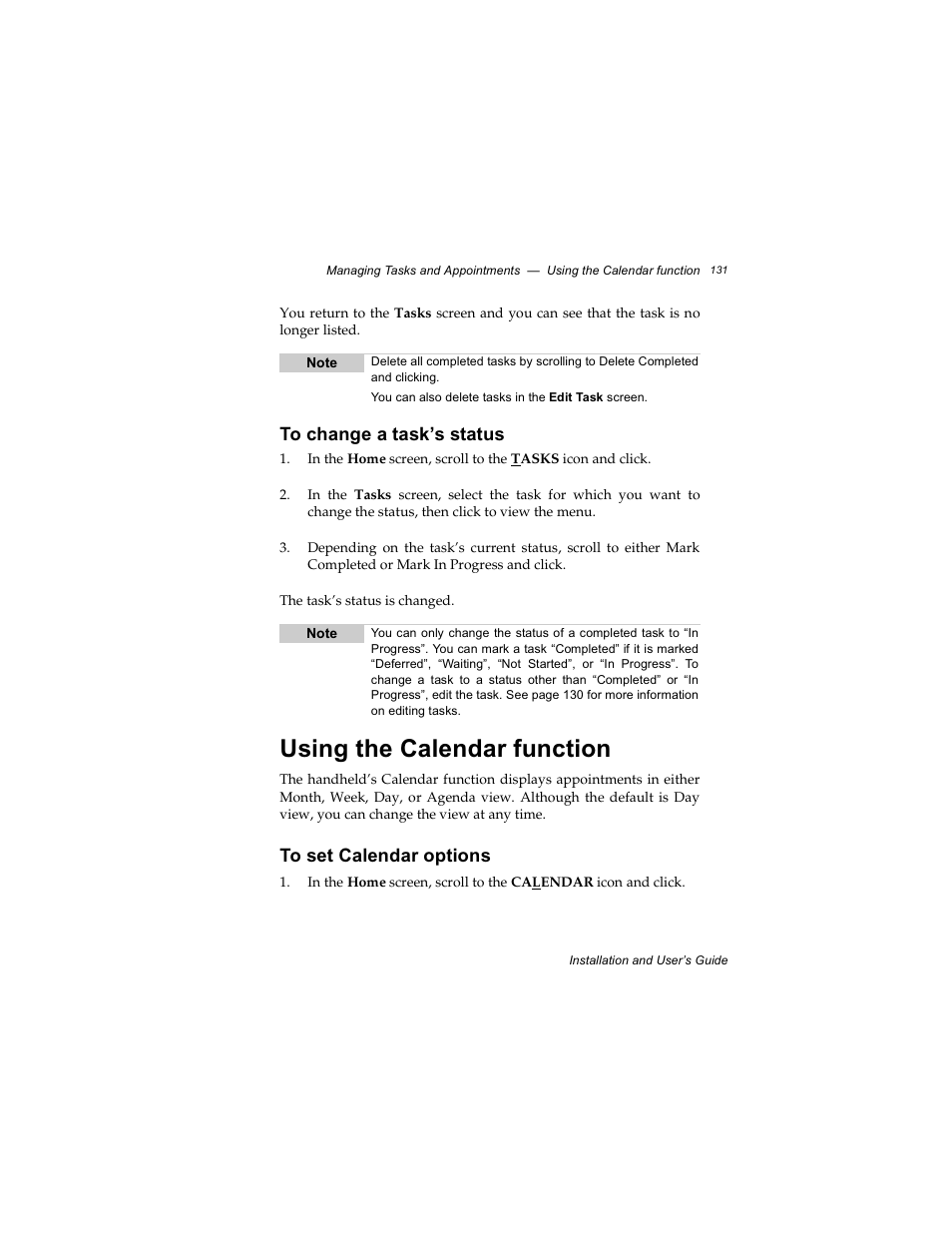 To change a task’s status, Using the calendar function, To set calendar options | Radio Shack RIM 850 User Manual | Page 131 / 204