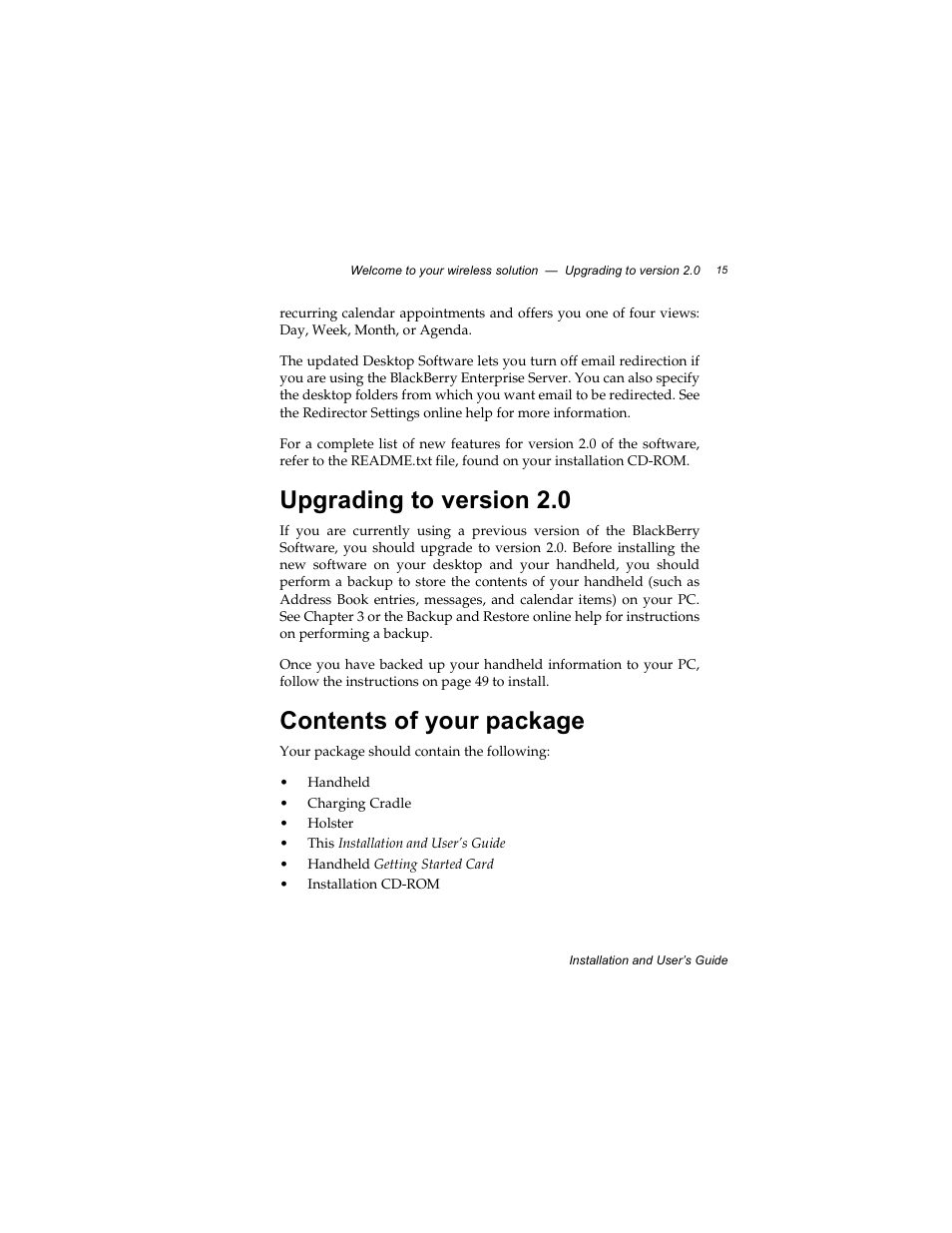 Upgrading to version 2.0, Contents of your package, Upgrading to version 2.0 contents of your package | Radio Shack RIM 850 User Manual | Page 15 / 204