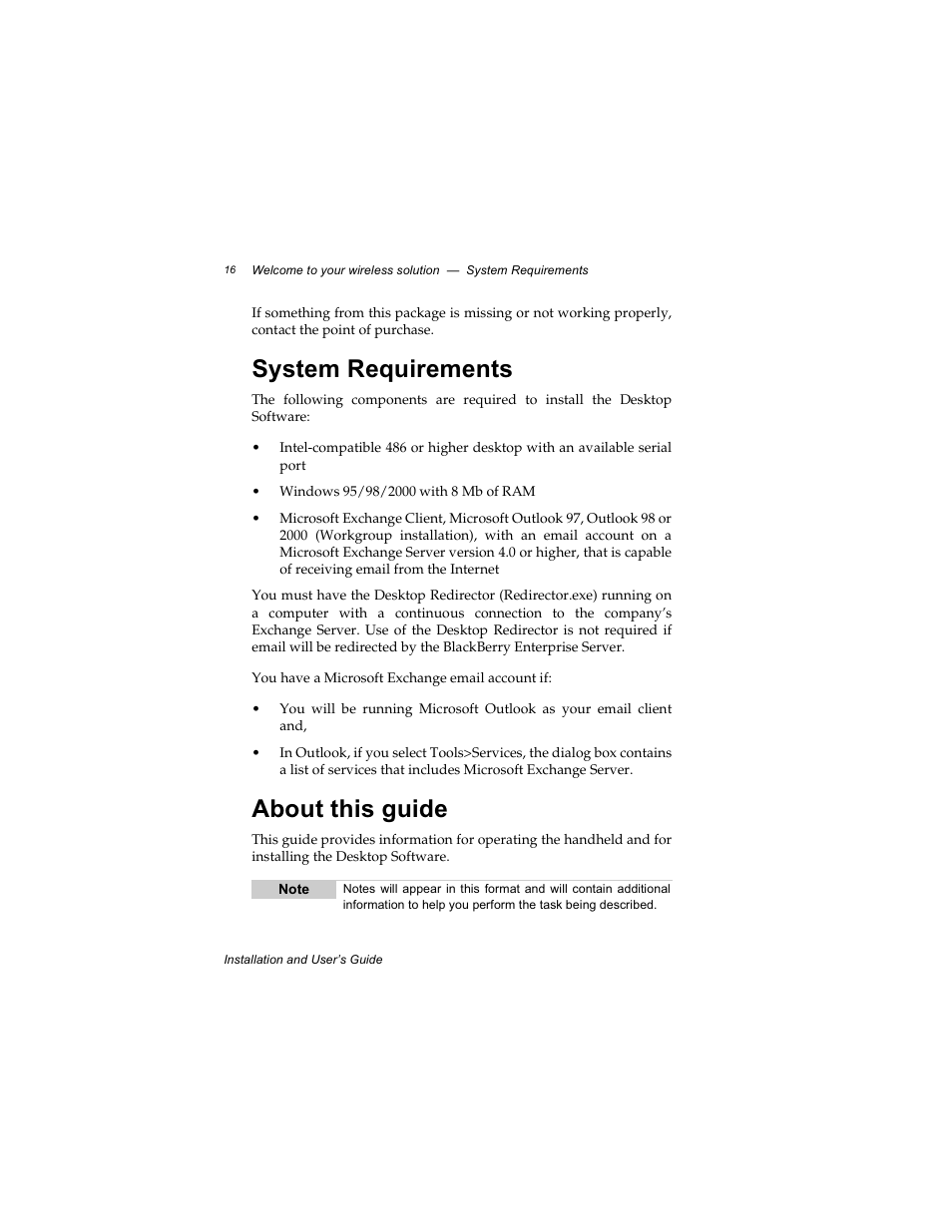 System requirements, About this guide, System requirements about this guide | Radio Shack RIM 850 User Manual | Page 16 / 204