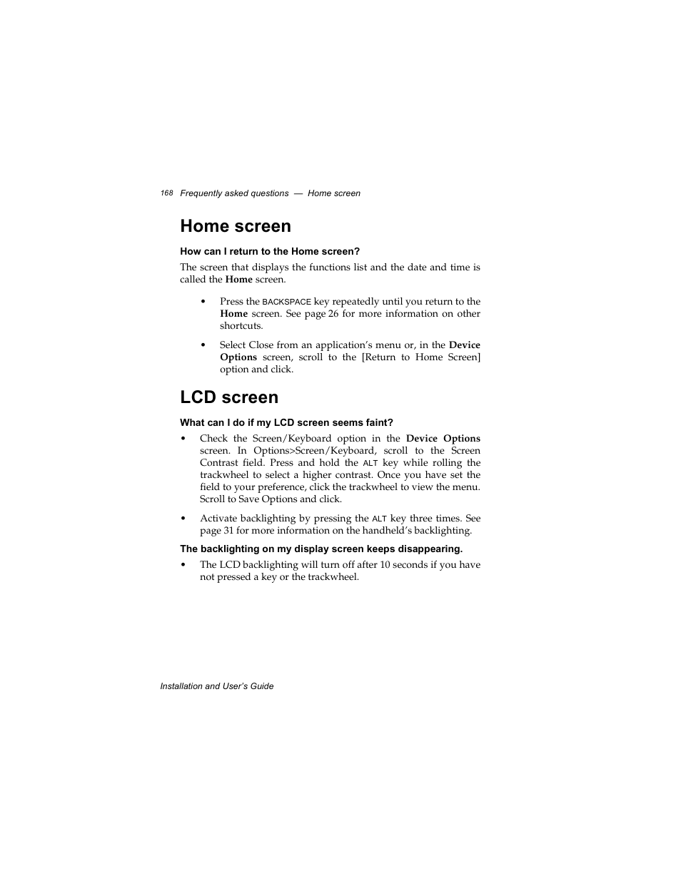Home screen, How can i return to the home screen, Lcd screen | What can i do if my lcd screen seems faint, Home screen lcd screen | Radio Shack RIM 850 User Manual | Page 168 / 204
