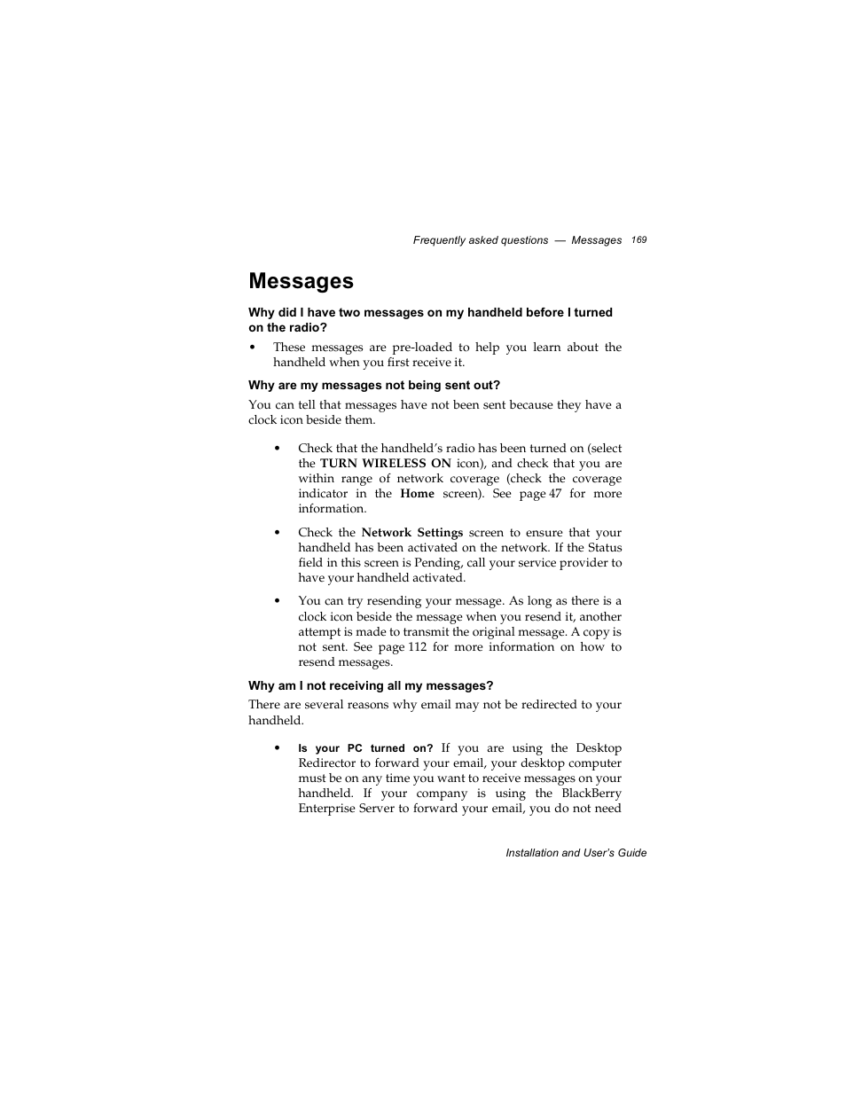 Messages, Why are my messages not being sent out, Why am i not receiving all my messages | Radio Shack RIM 850 User Manual | Page 169 / 204