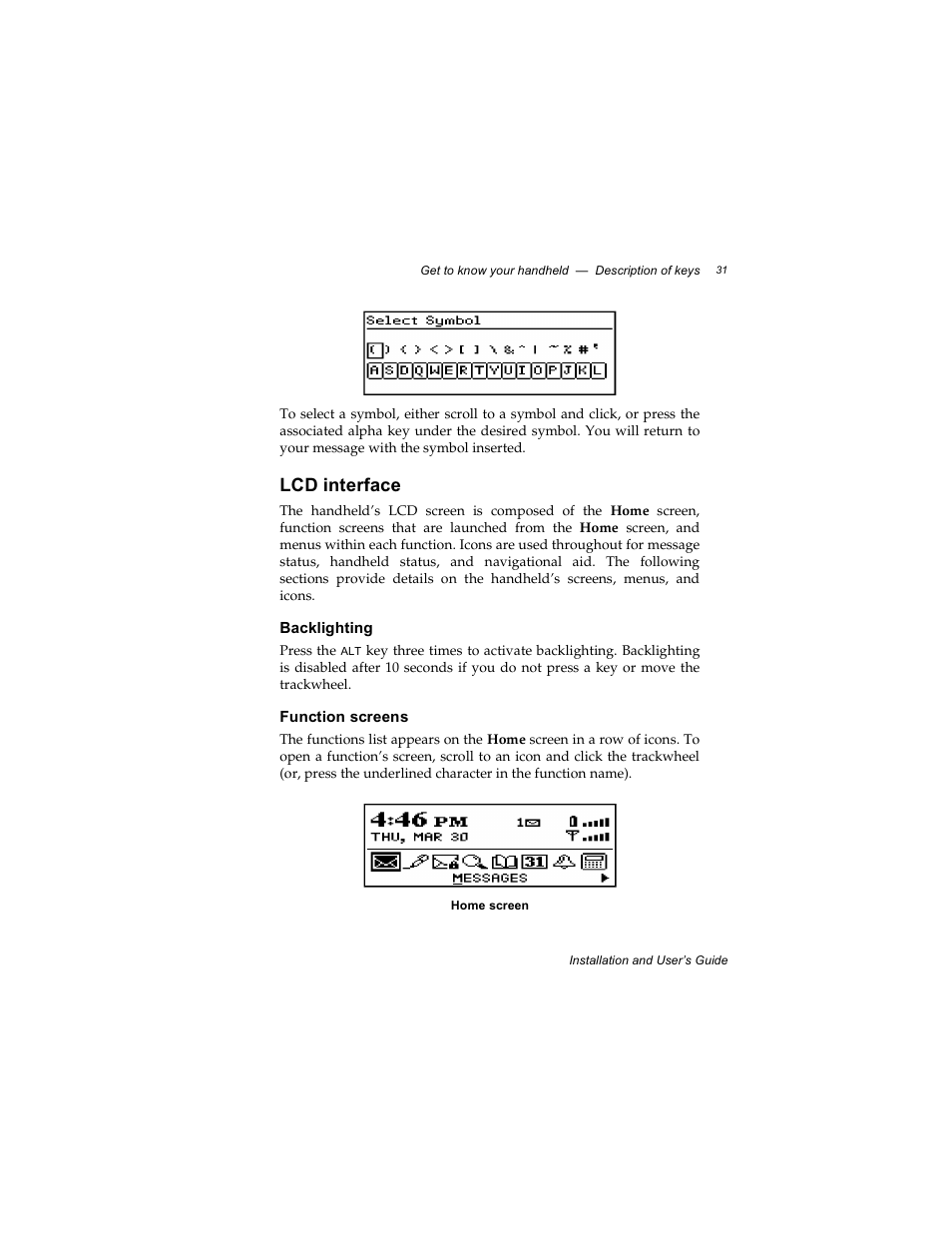 Lcd interface, Backlighting, Function screens | Radio Shack RIM 850 User Manual | Page 31 / 204