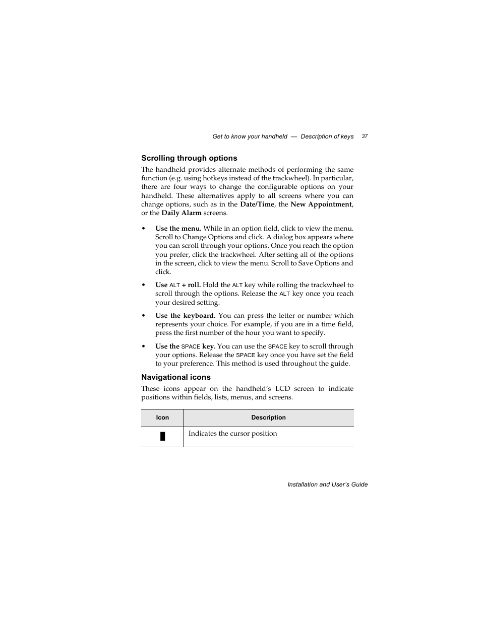 Scrolling through options, Navigational icons | Radio Shack RIM 850 User Manual | Page 37 / 204