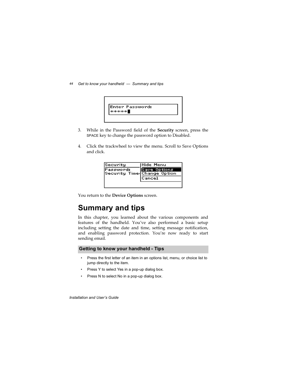 Summary and tips, Getting to know your handheld - tips | Radio Shack RIM 850 User Manual | Page 44 / 204