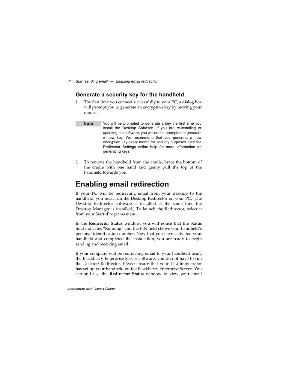 Generate a security key for the handheld, Enabling email redirection | Radio Shack RIM 850 User Manual | Page 52 / 204