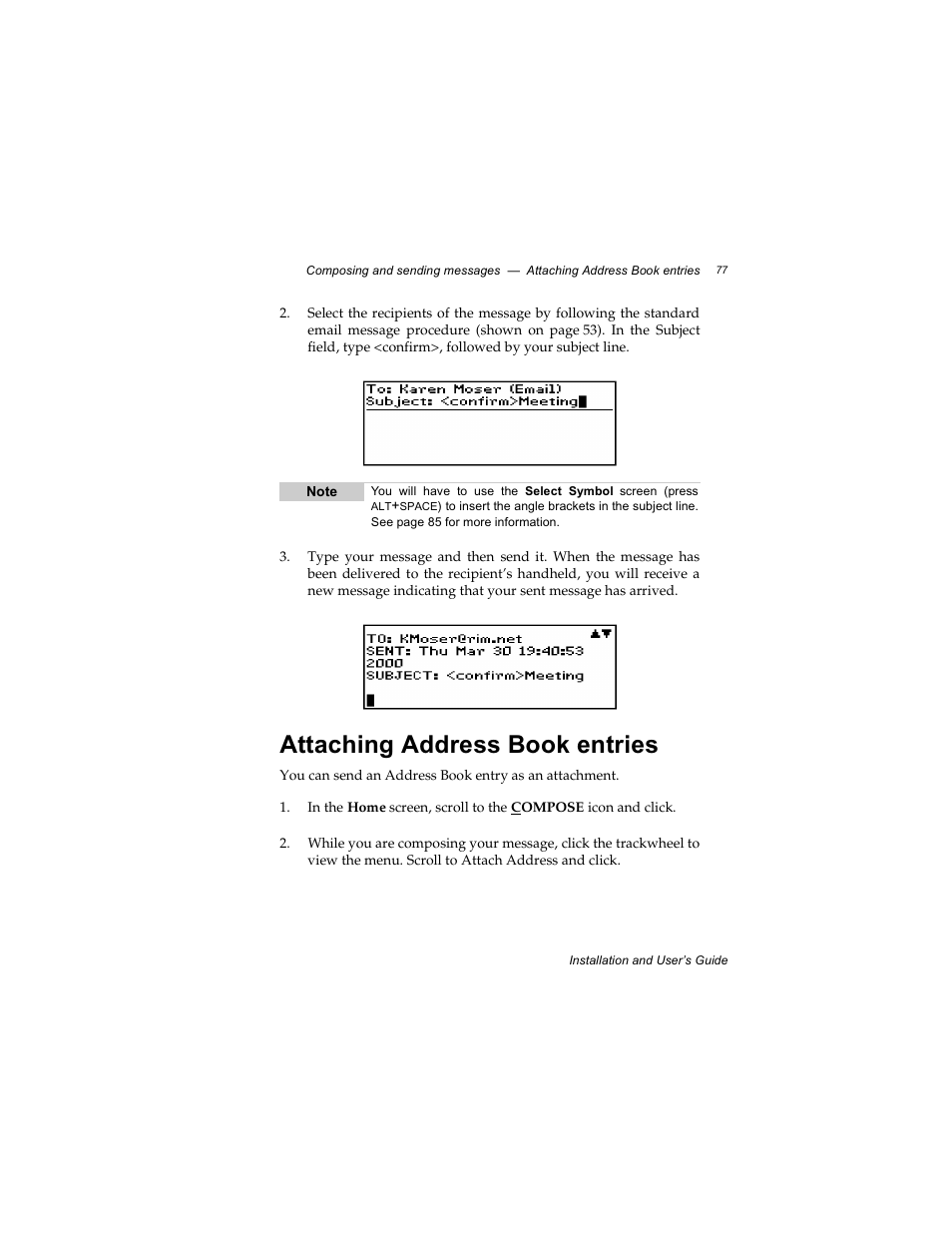 Attaching address book entries | Radio Shack RIM 850 User Manual | Page 77 / 204