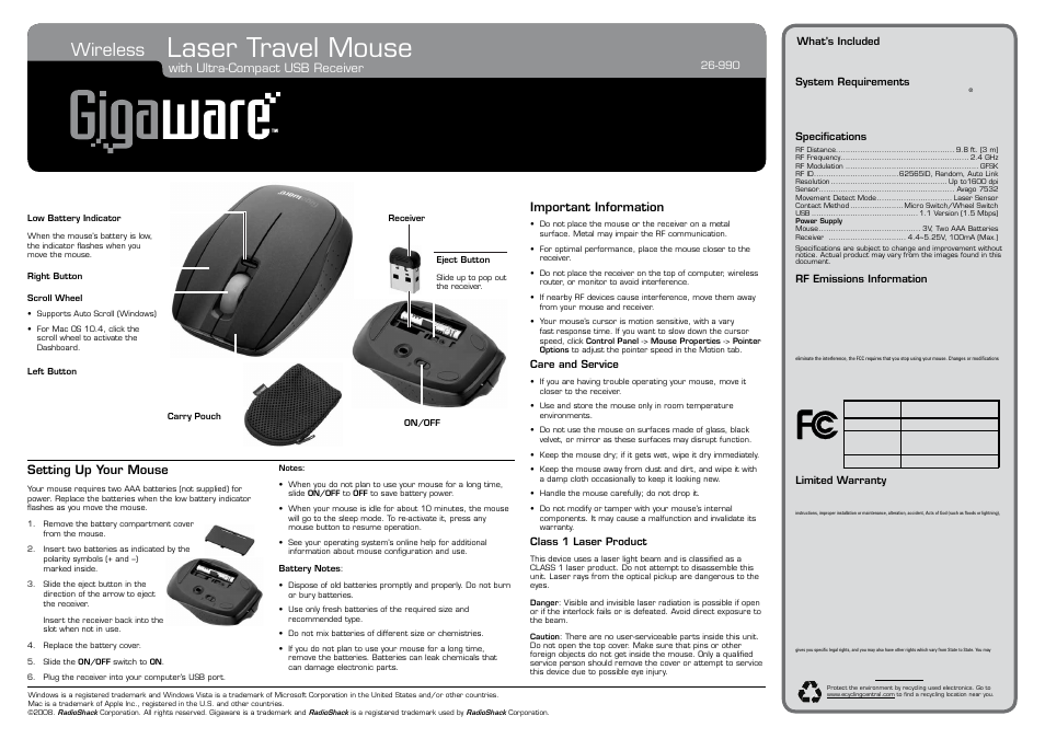 Radio Shack Gigaware 26-990 User Manual | 1 page