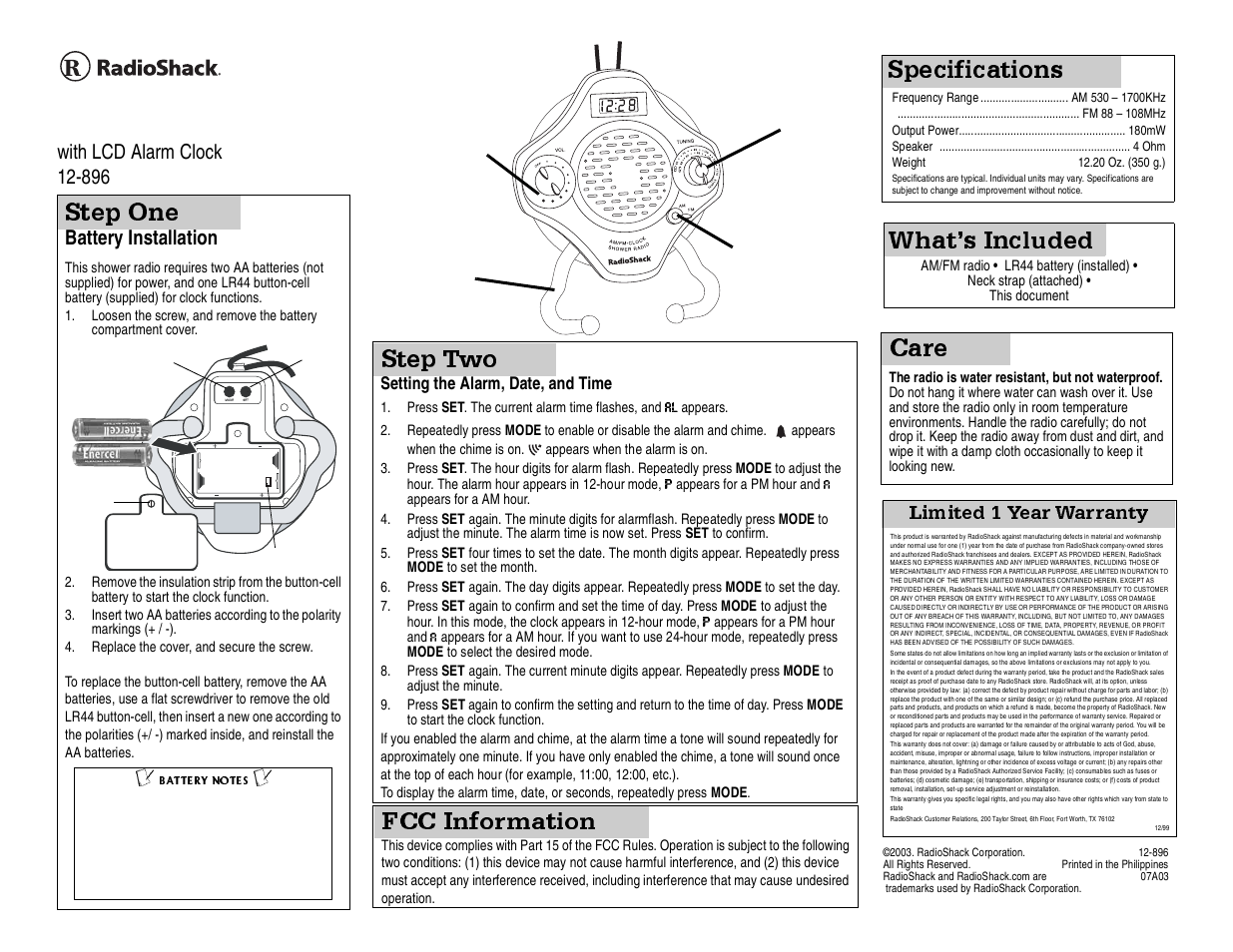 Radio Shack 12-896 User Manual | 1 page