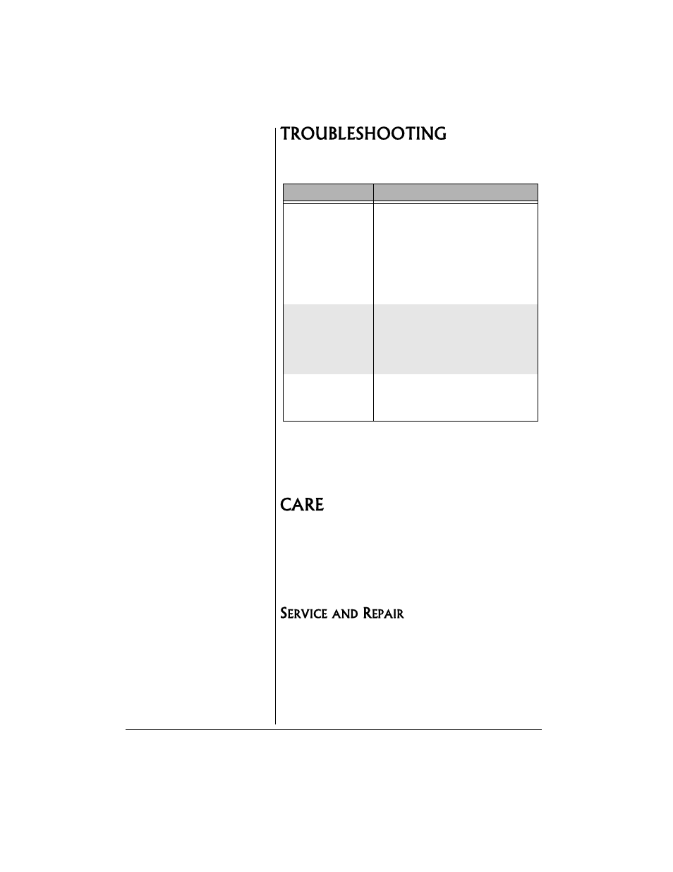 Troubleshooting care, Service and repair, Troubleshooting | Care | Radio Shack TRC521 CB User Manual | Page 12 / 16