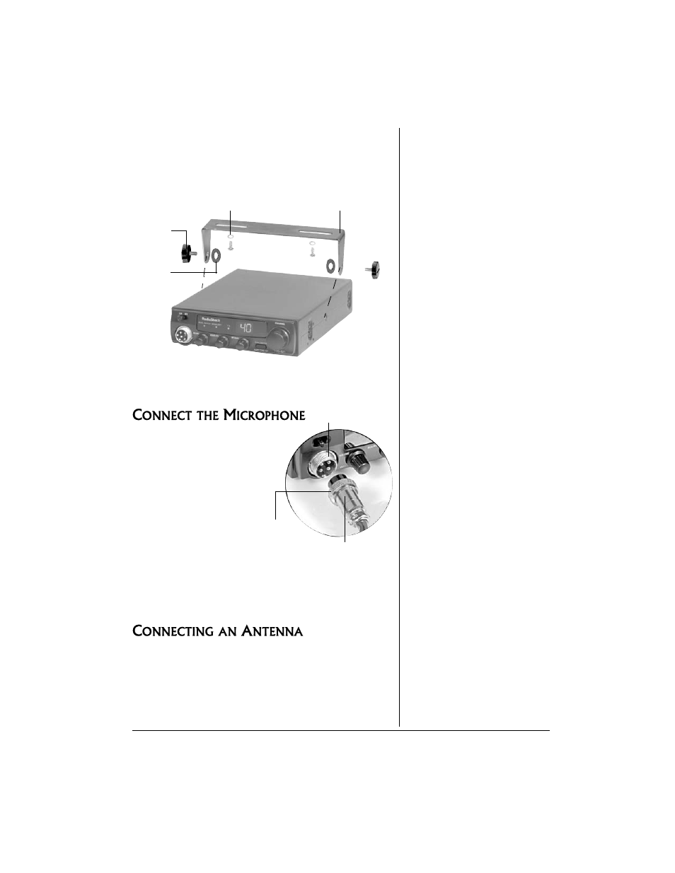 Connect the microphone connecting an antenna | Radio Shack TRC521 CB User Manual | Page 3 / 16