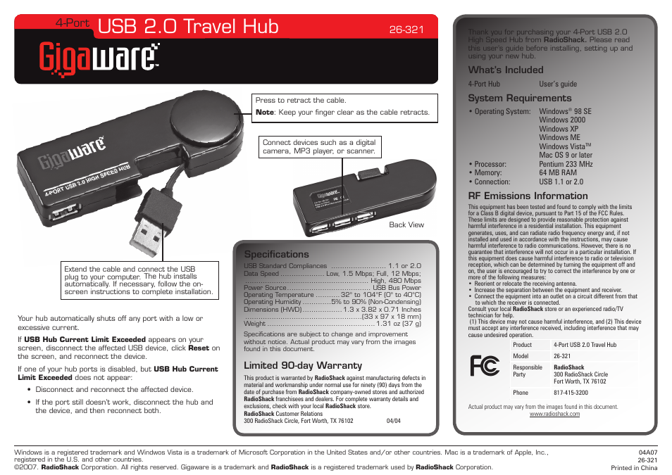 Radio Shack Gigaware USB 2.0 User Manual | 1 page