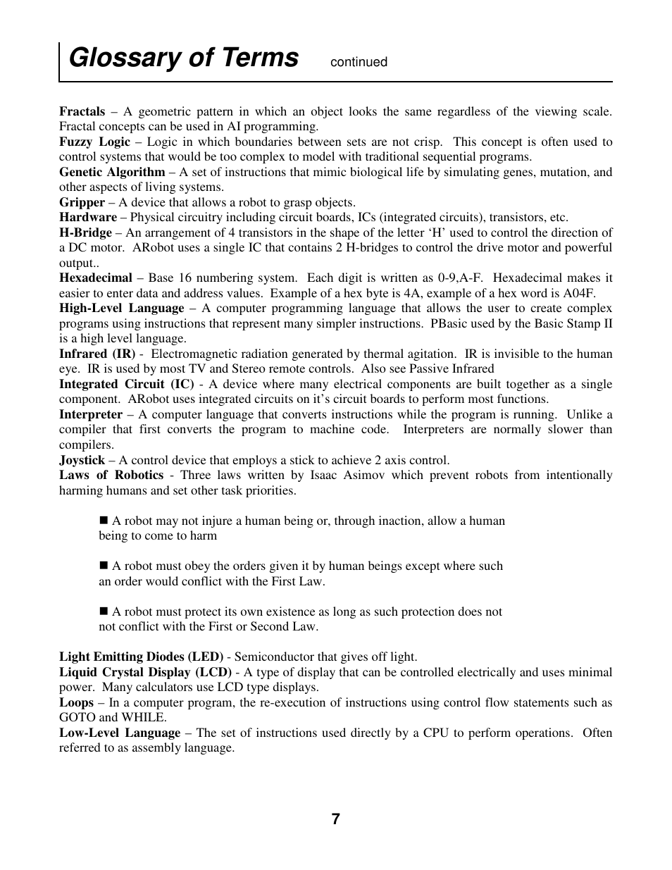 Glossary of terms | Radio Shack Mobile Robot User Manual | Page 10 / 54