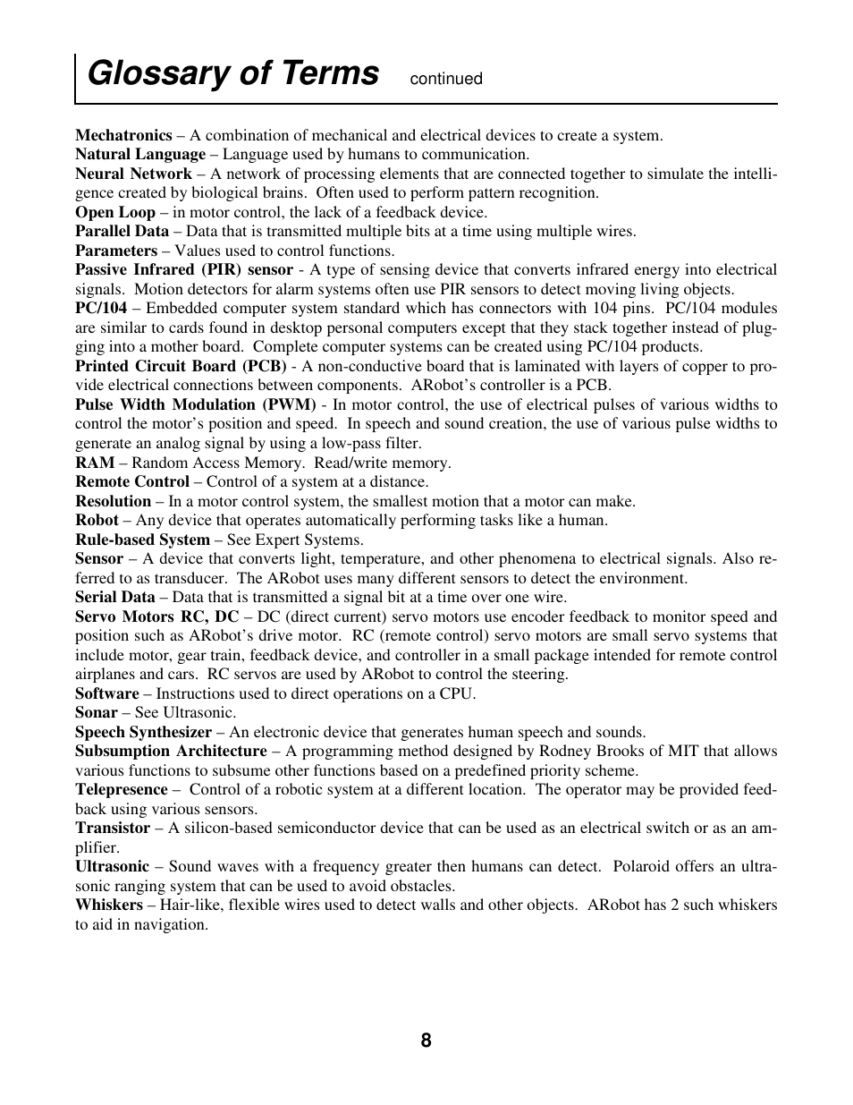 Glossary of terms | Radio Shack Mobile Robot User Manual | Page 11 / 54