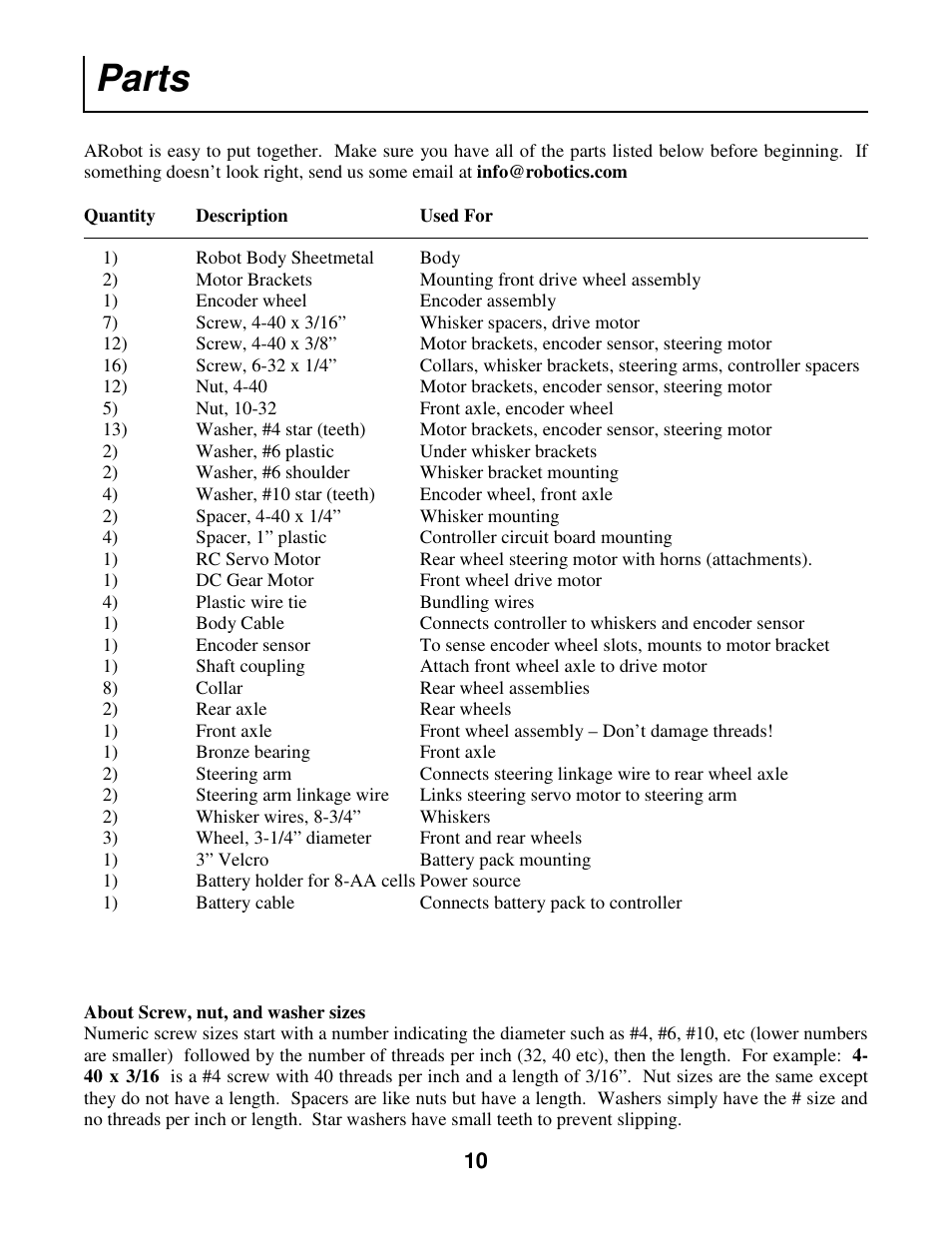 Parts | Radio Shack Mobile Robot User Manual | Page 13 / 54