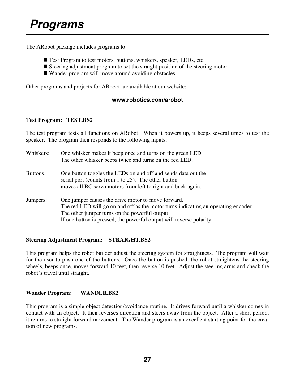 Programs | Radio Shack Mobile Robot User Manual | Page 30 / 54