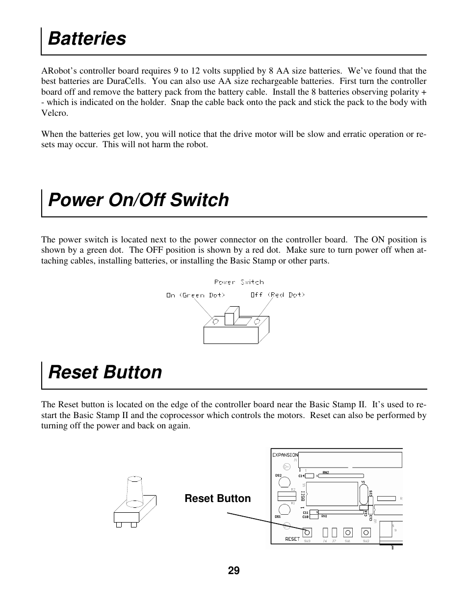 Batteries, Power on/off switch reset button | Radio Shack Mobile Robot User Manual | Page 32 / 54