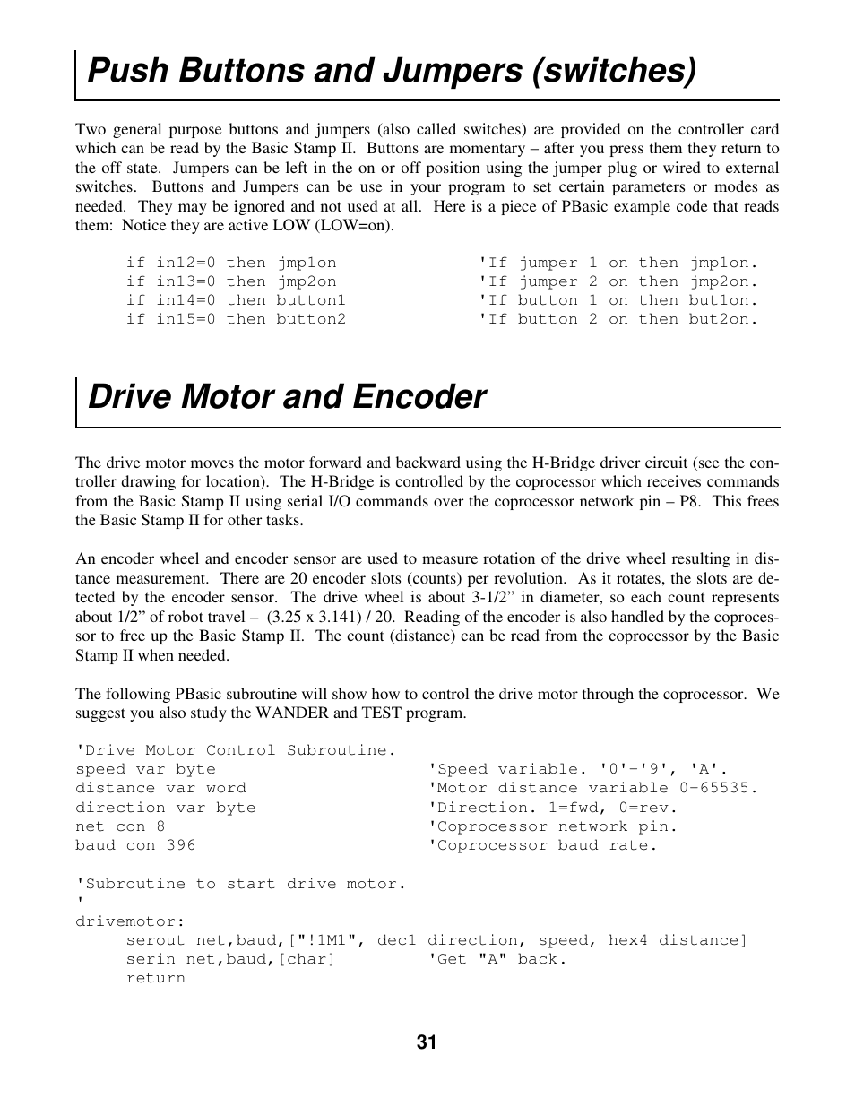 Push buttons and jumpers (switches), Drive motor and encoder | Radio Shack Mobile Robot User Manual | Page 34 / 54