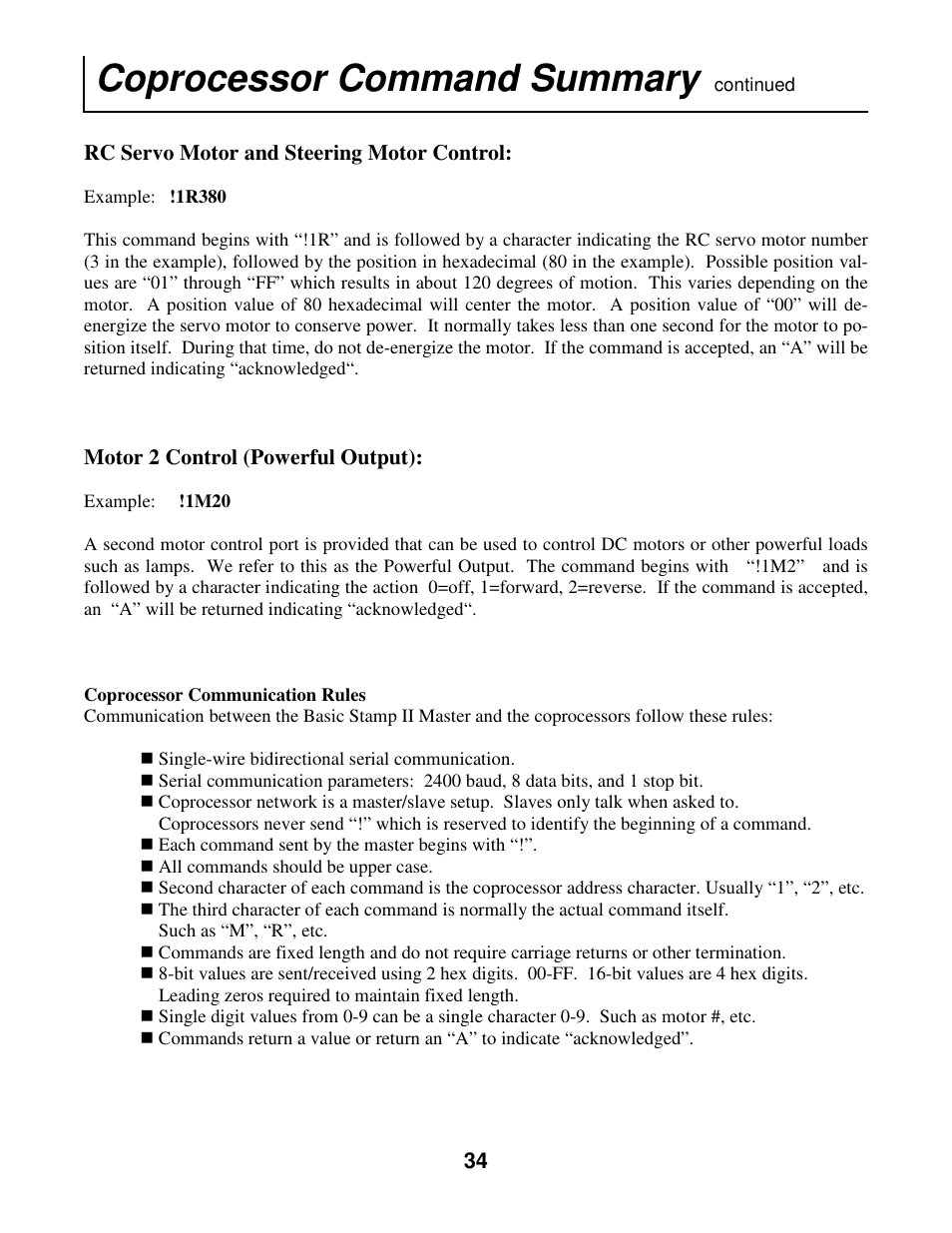 Coprocessor command summary | Radio Shack Mobile Robot User Manual | Page 37 / 54