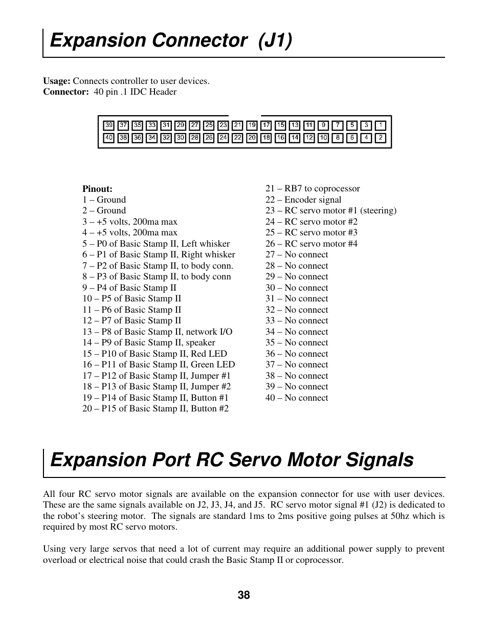 Expansion connector (j1), Expansion port rc servo motor signals | Radio Shack Mobile Robot User Manual | Page 41 / 54