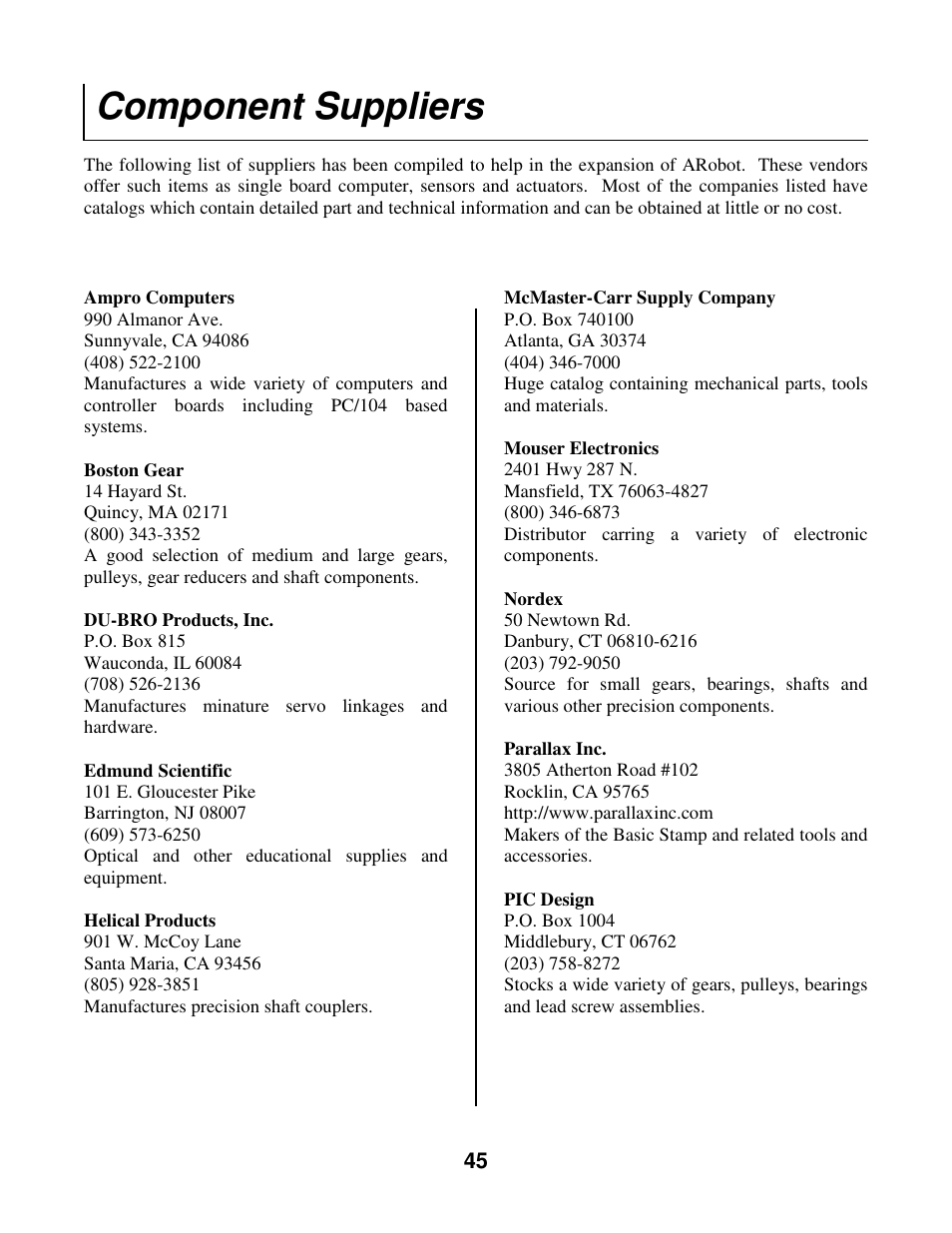 Component suppliers | Radio Shack Mobile Robot User Manual | Page 48 / 54