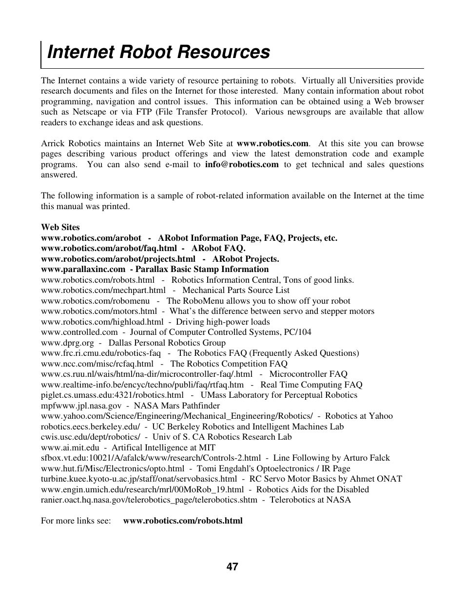 Internet robot resources | Radio Shack Mobile Robot User Manual | Page 50 / 54