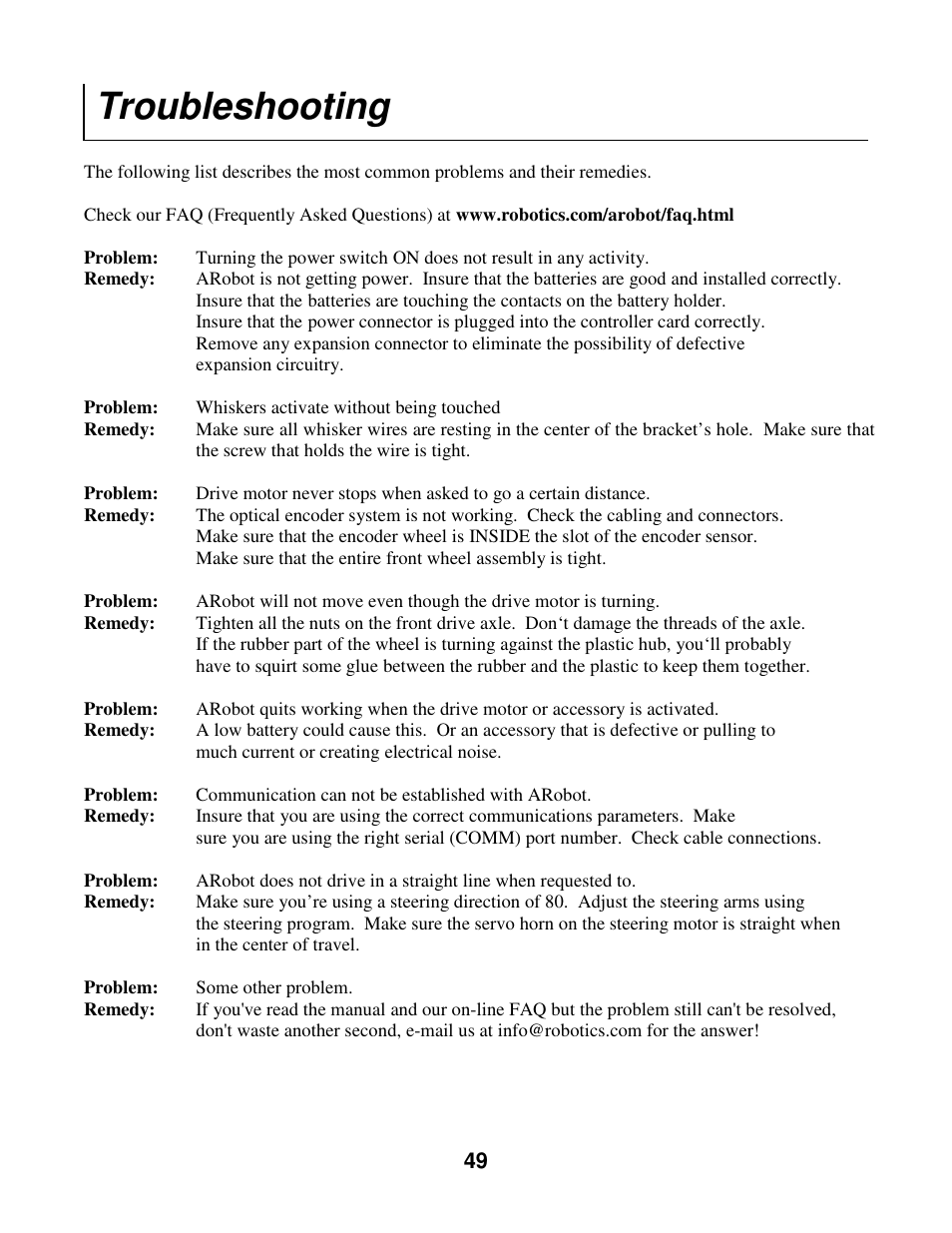 Troubleshooting | Radio Shack Mobile Robot User Manual | Page 52 / 54