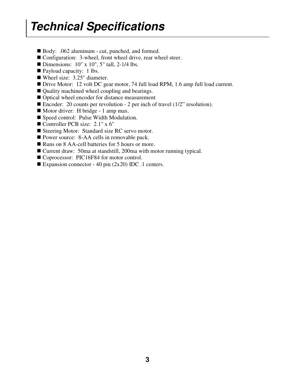 Technical specifications | Radio Shack Mobile Robot User Manual | Page 6 / 54