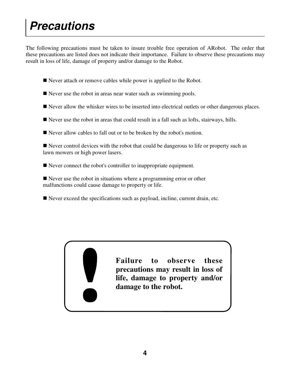 Precautions | Radio Shack Mobile Robot User Manual | Page 7 / 54