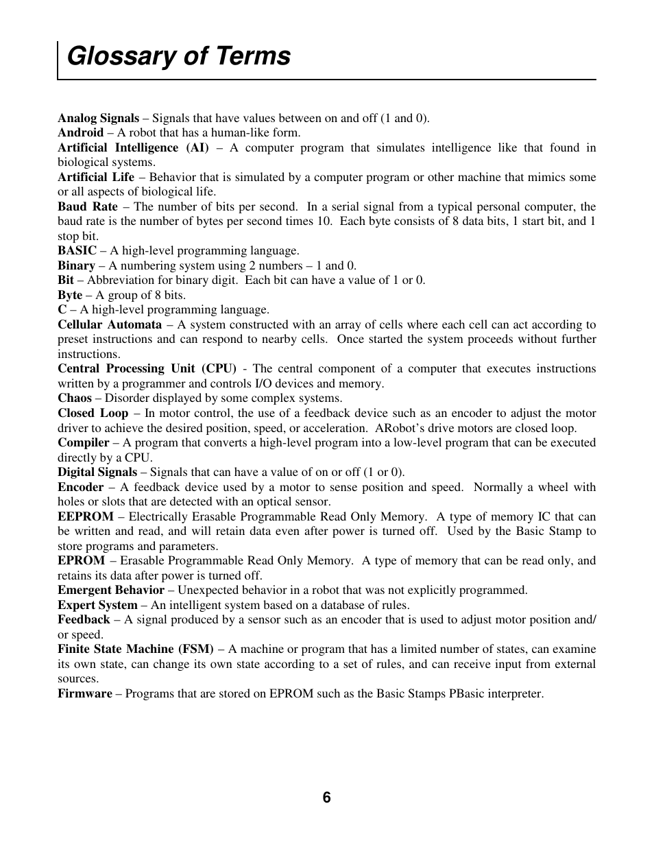 Glossary of terms | Radio Shack Mobile Robot User Manual | Page 9 / 54
