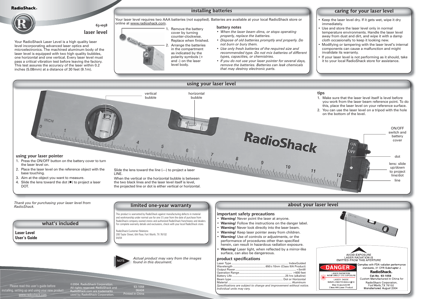 Radio Shack 63-1058 User Manual | 1 page