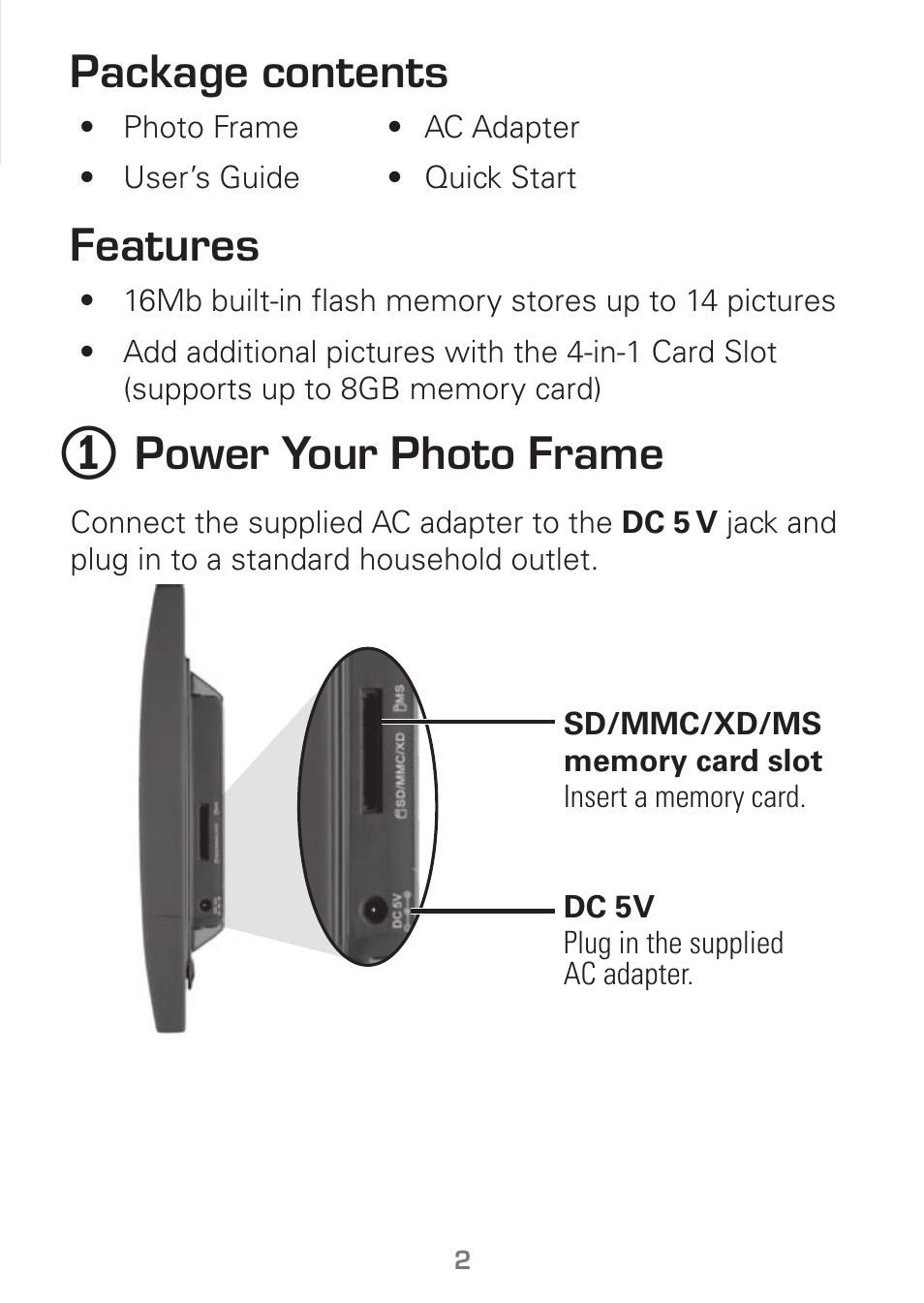 Package contents, Features, Power your photo frame | Radio Shack Gigaware 16-952 User Manual | Page 2 / 10