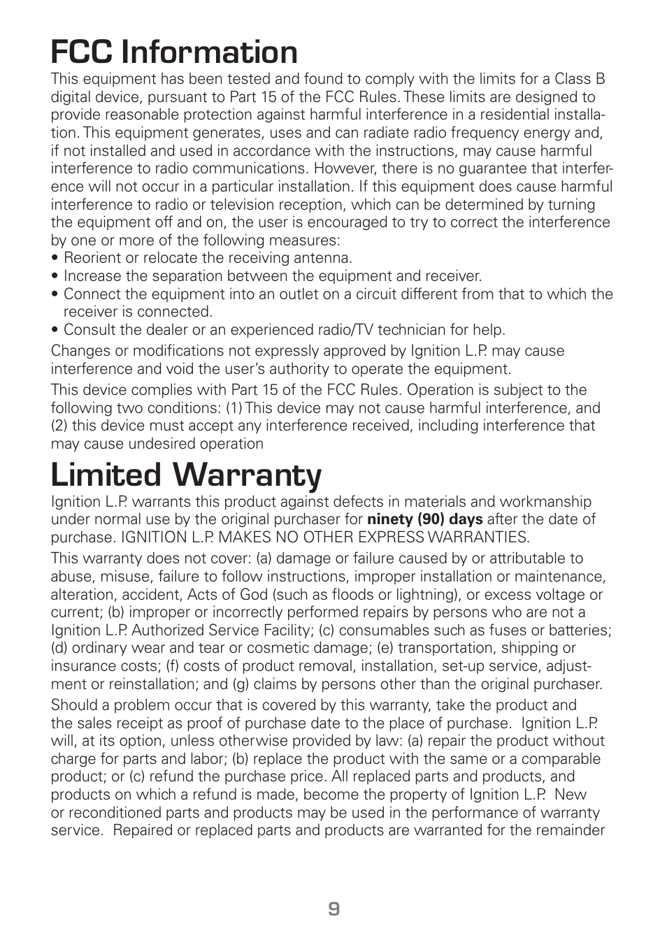 Fcc information, Limited warranty | Radio Shack Gigaware 16-952 User Manual | Page 9 / 10