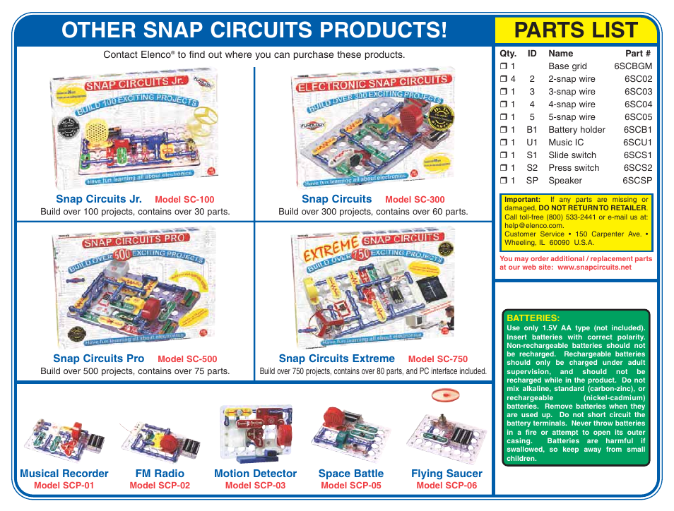 Other snap circuits products, Parts list | Radio Shack SC-100 User Manual | Page 2 / 2